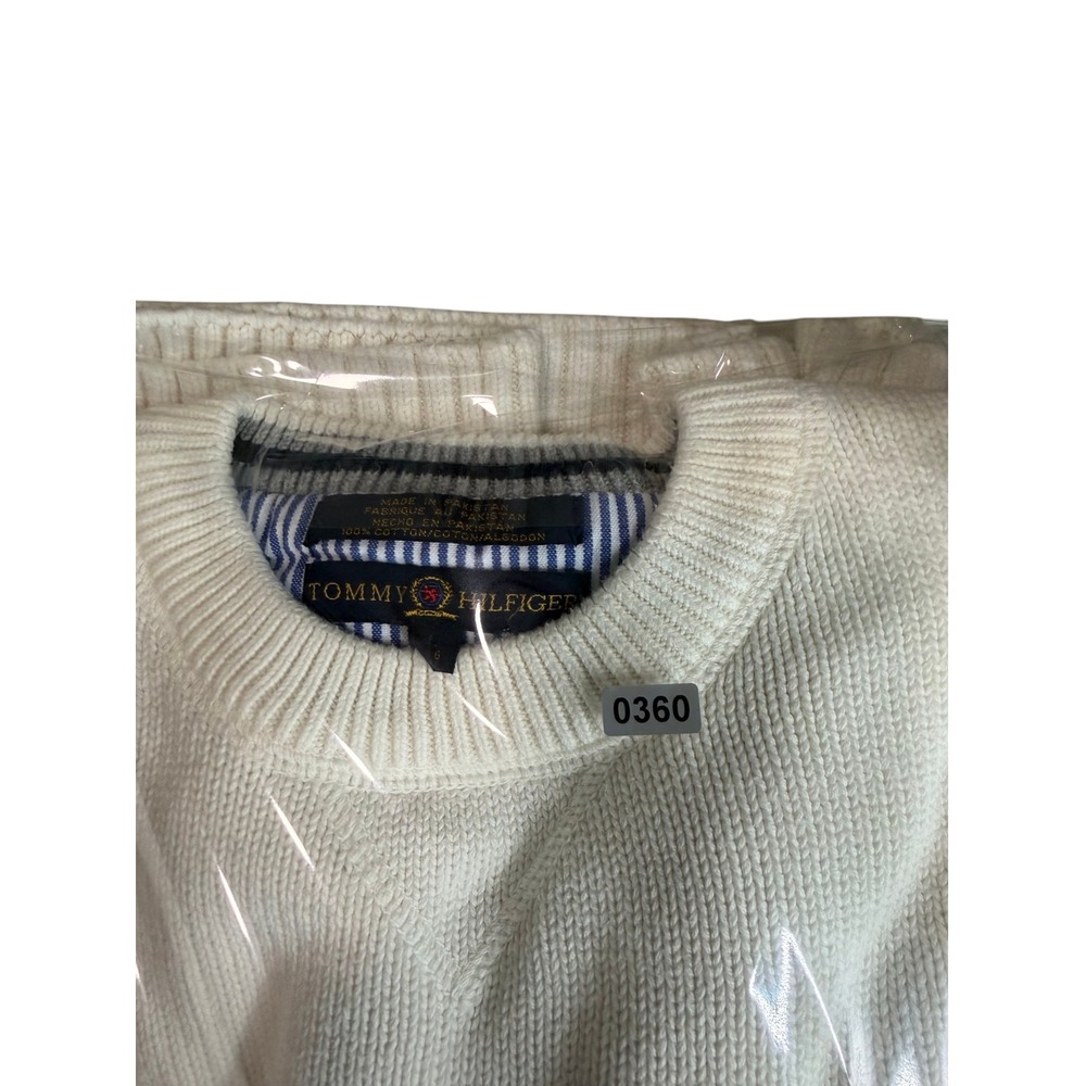 Tommy Hilfiger Mens Cream Cotton Knit Crewneck Sweater Large Crest Logo White